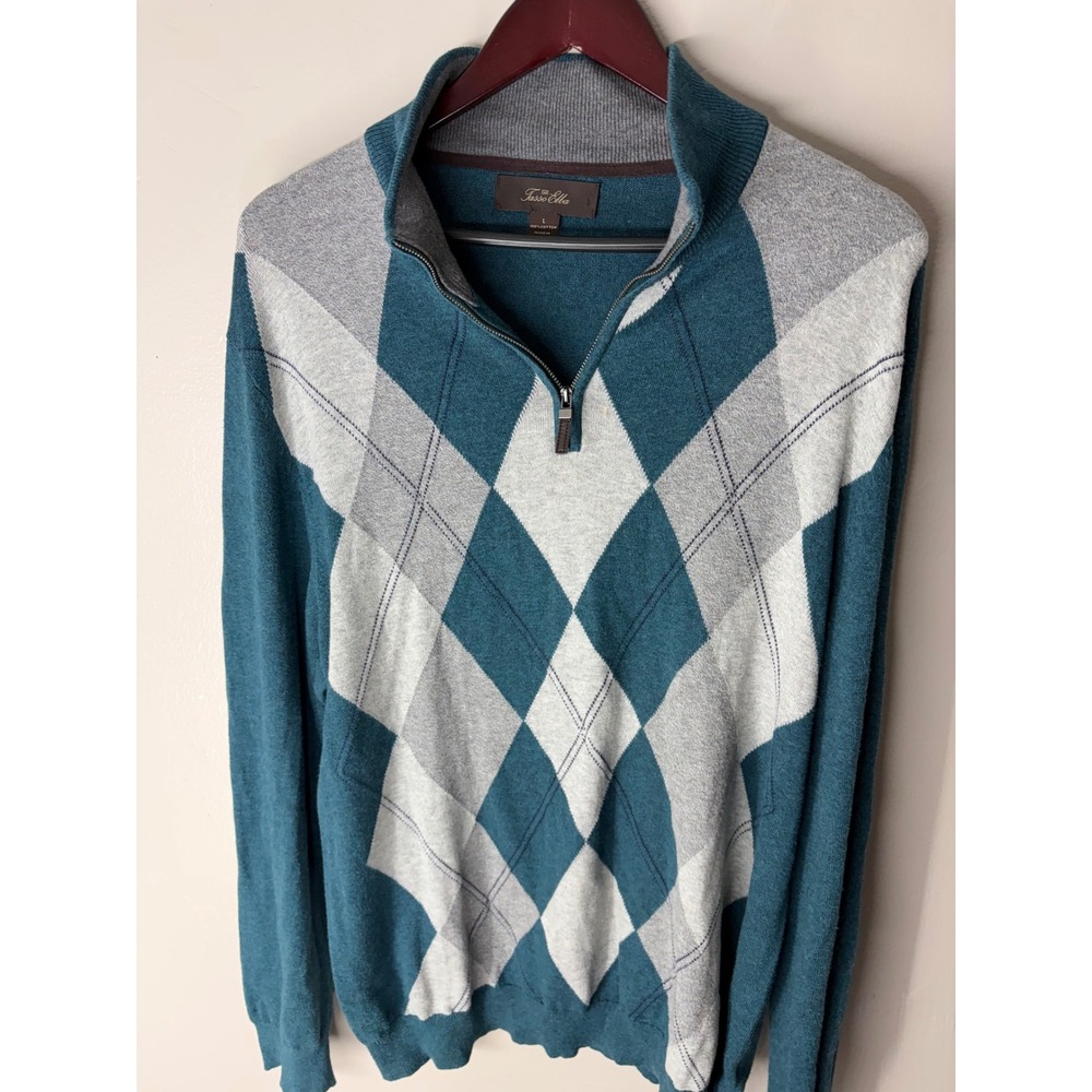 Tasso Elba Mens Argyle Quarter Zip Sweater Teal Blue Gray 100% Cotton Large